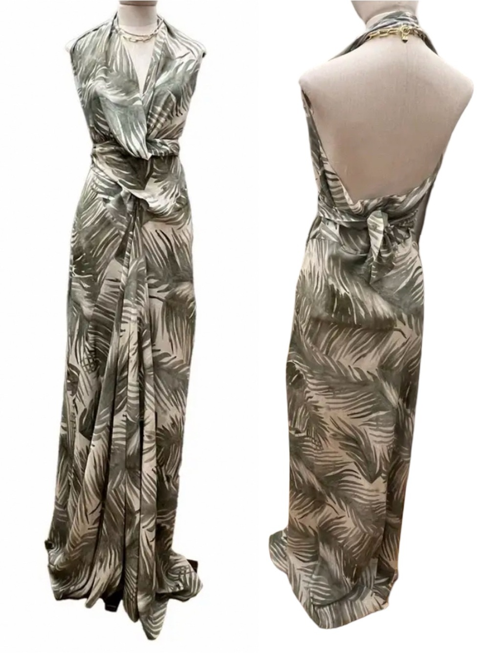 Cortana | Silk Maxi Halter Dress Palm Botanical Green FR 34/US 2